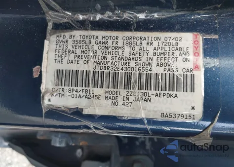 2003 Toyota Corolla Ce z USA, uszkodzony, nr VIN JTDBR32E430016554